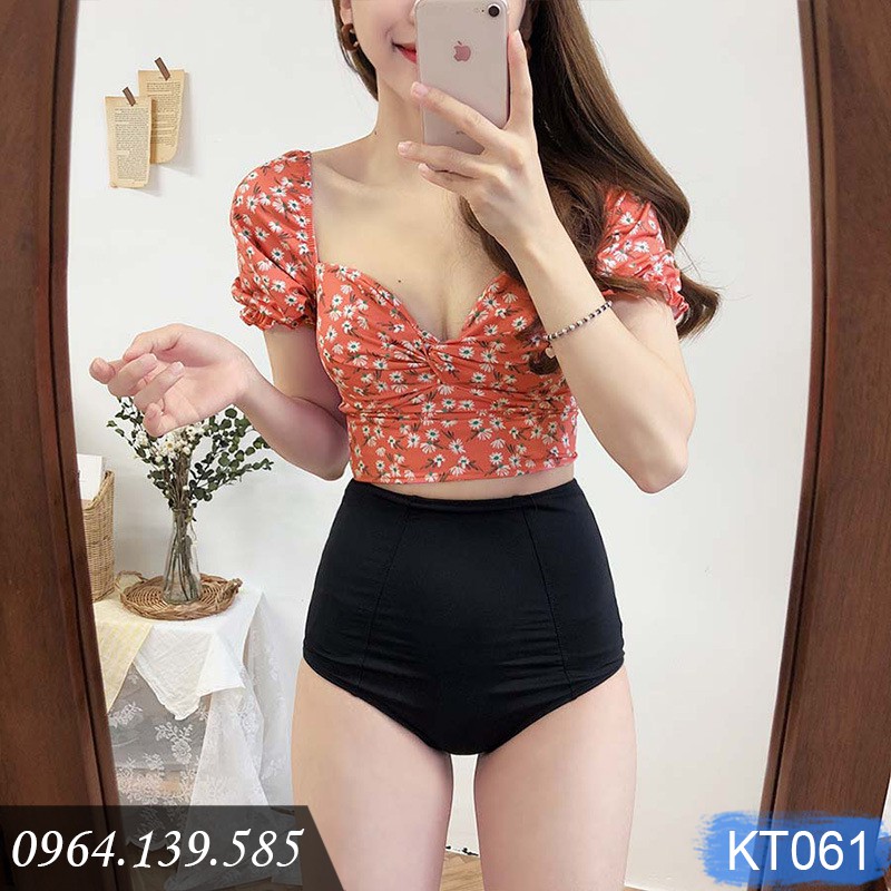 Bikini 2 mảnh cạp cao, áo croptop hoa nhí, tay bèo xinh xắn dấu bắp tay