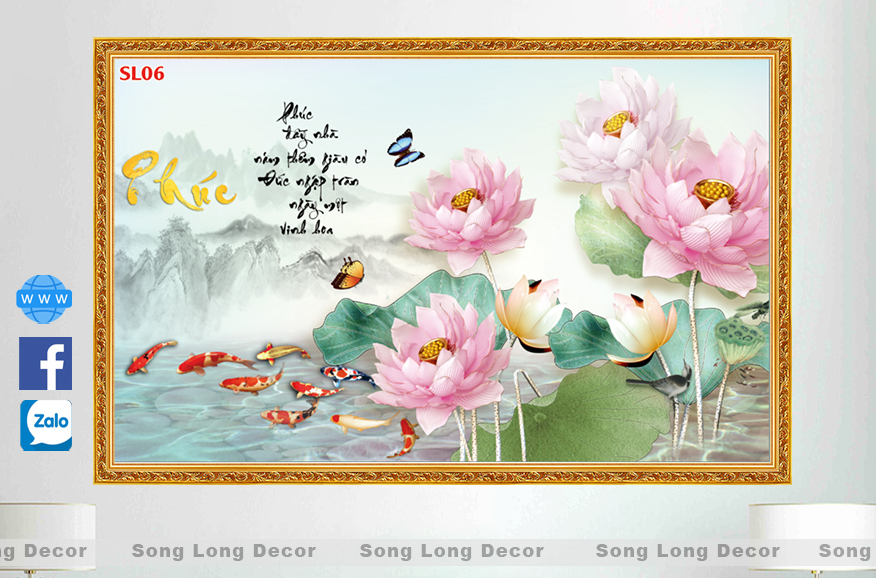 [Mã SKAMLTSM9 giảm 10% đơn 99K] Tranh dán tường Hoa Sen Chữ Phúc - SL06-Tranh 3d Thư Pháp - Song Long Decor