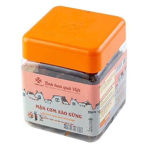 Ô mai (xí muôi) mận cơm xào gừng Hồng Lam, dạng hộp (200gr, 300gr, 500gr). Có vị chua, ngọt , cay dịu của gừng