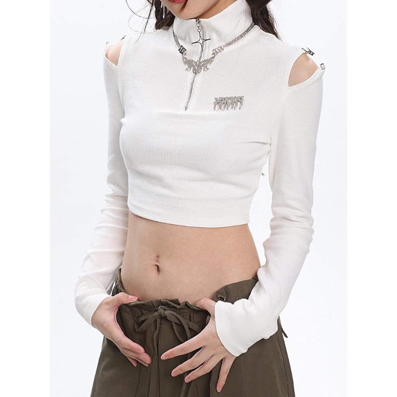 Áo Thun COZOK Tay Ngắn Trễ Vai Phối Khoá Kéo Kim Loại Thiết Kế Ôm Sát Quyến Rũ