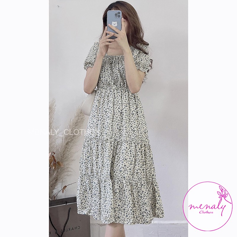 Váy hoa nhí tiểu thư cổ vuông tay bồng ngắn VH043, mẫu váy đầm 2 lớp nữ dáng xòe tầng nữ tính cổ nơ