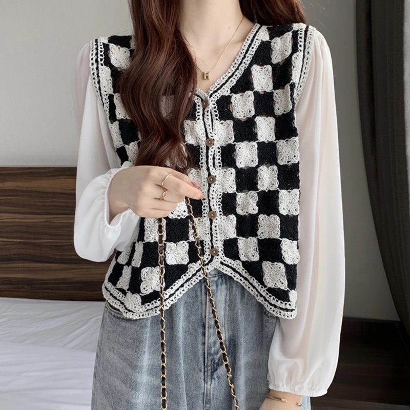 Áo Thun Nữ Dài Tay Cổ Tròn Ca Rô Trắng Đen Thời Trang