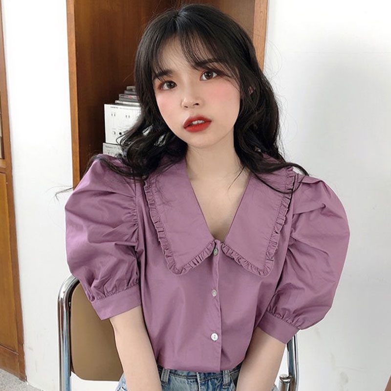 Áo sơ mi XINLANYASHE chiffon tay ngắn kiểu phồng cho nữ