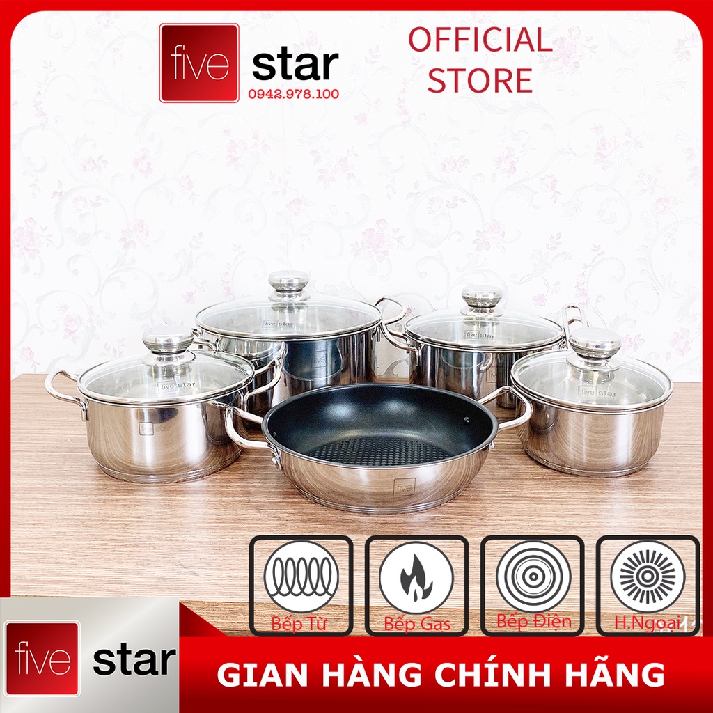 Bộ Nồi 5 Đáy Cao Cấp Bếp Từ Fivestar FSB55D001 Nắp Kính Inox 430 ( 1 quánh 16cm x  N 18cm x  N20cm x N24cm x C 24cm )