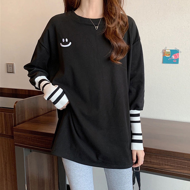 IELGYÁo Thun cotton Dáng Rộng Màu Trắng Thêu Hình Mặt Cười Đa Năng