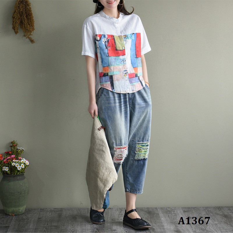 A1367 - ENDA KISUHI Áo Linen Cotton Ngắn Tay Retro Hội Họa