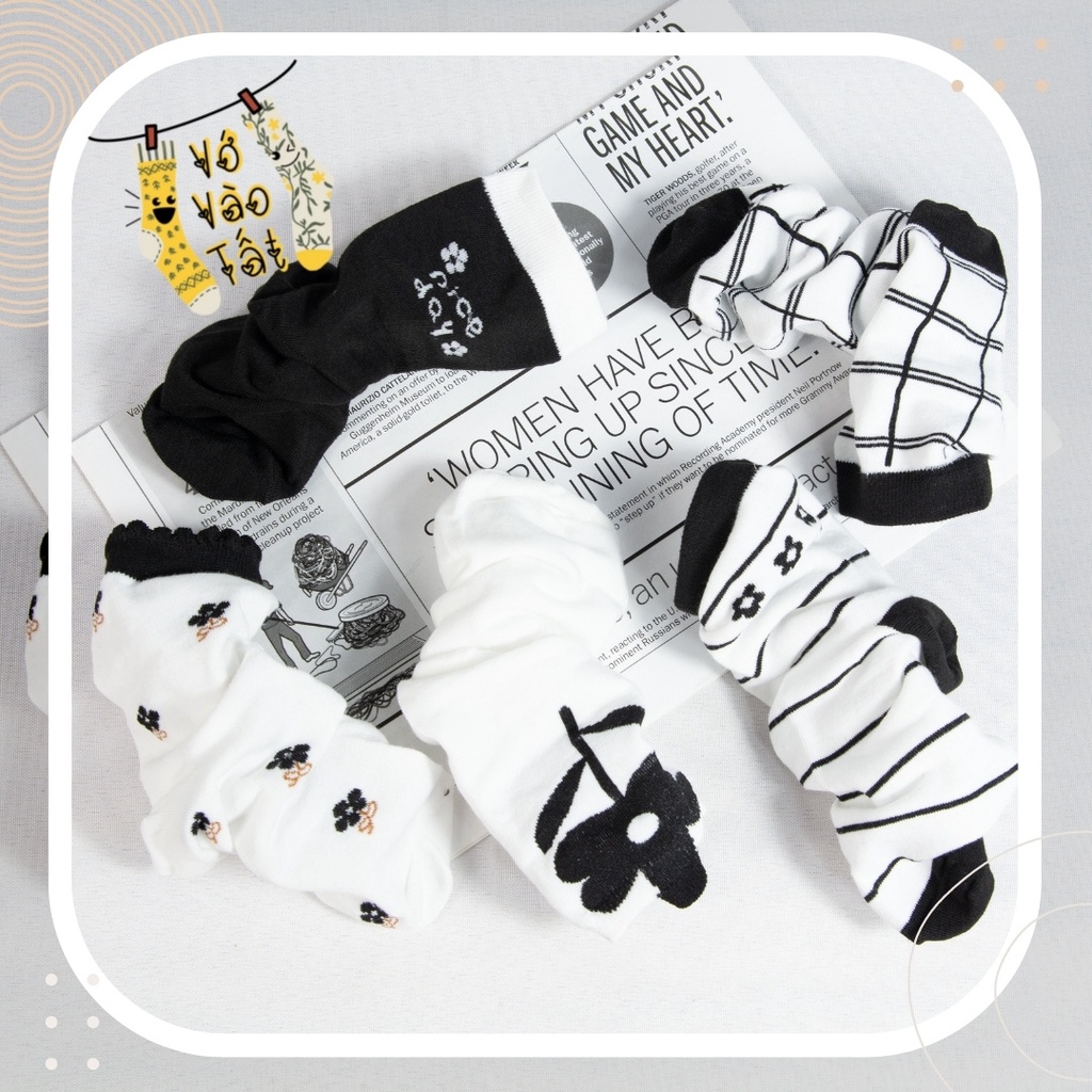 TẤT VỚ CỔ CAO NỮ HỌA TIẾT HOA TRẮNG ĐEN CỔ ĐIỂN