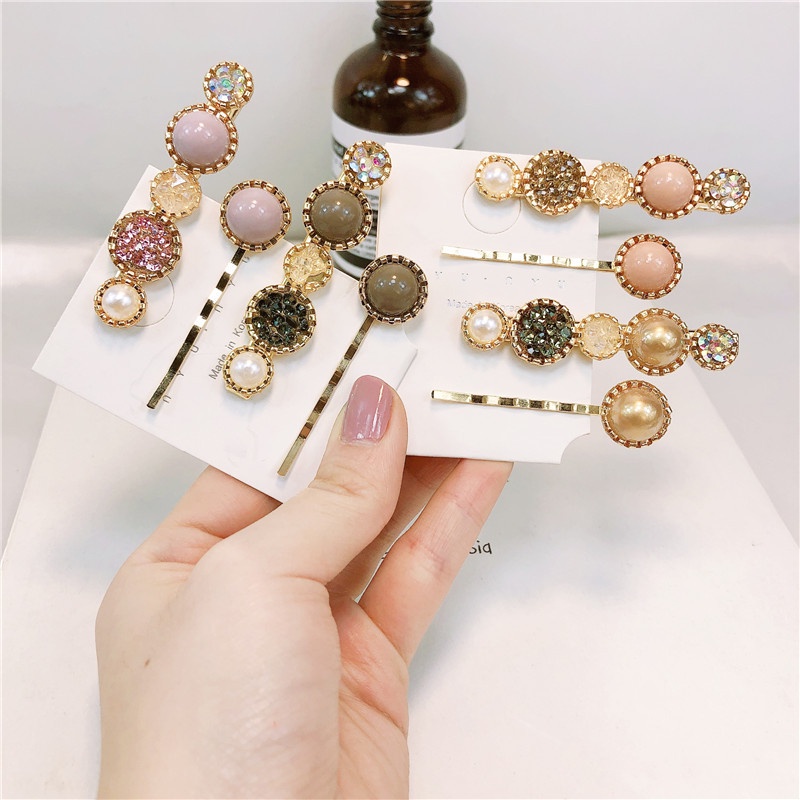 Set 3 kẹp tóc mái kim loại mix hạt ngọc PUHA, cặp tóc nữ đính đá phong cách tiểu thư sang chảnh Hàn Quốc