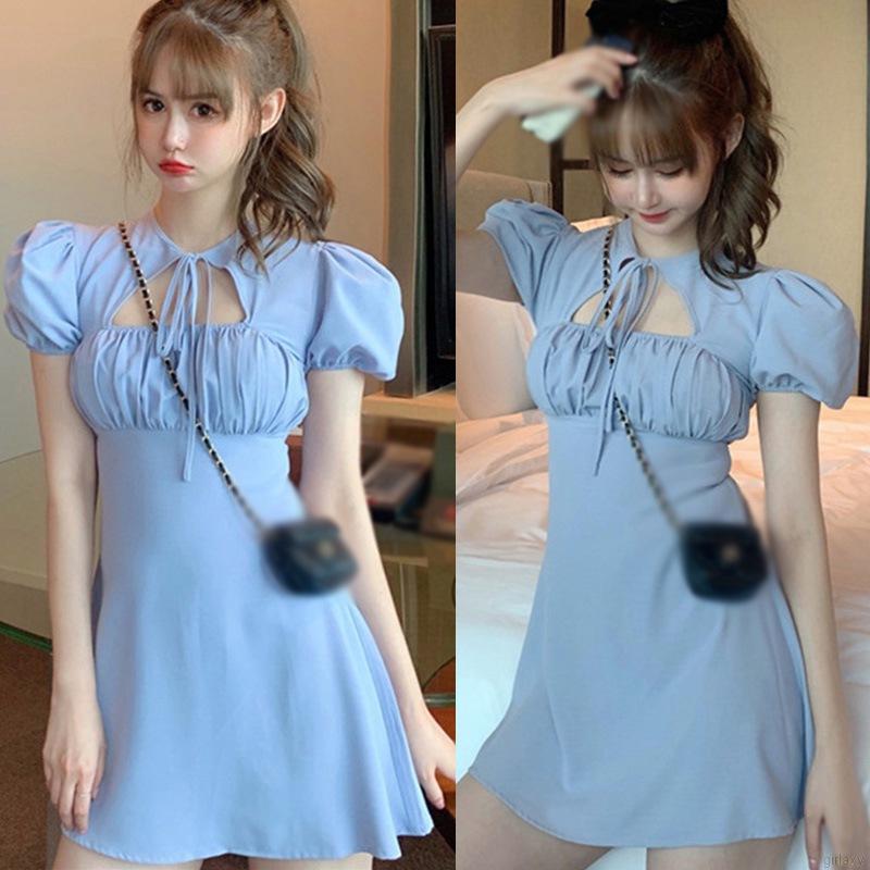 Đầm Nữ Ngắn Tay Thắt Nơ Cổ Thời Trang