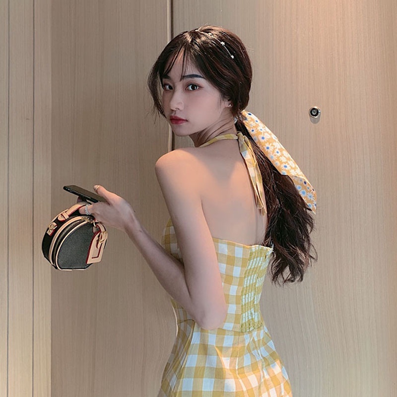 Đầm IELGY dáng chữ A không tay họa tiết sọc caro phong cách retro thời trang cho nữ