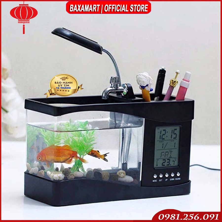 Bể Cá Thủy Sinh Mini Để Bàn Làm Việc Văn Phòng (Có Bơm Lọc Nước+Đồng Hồ+Sỏi Cây Trang Trí)-Hồ Cá Mini