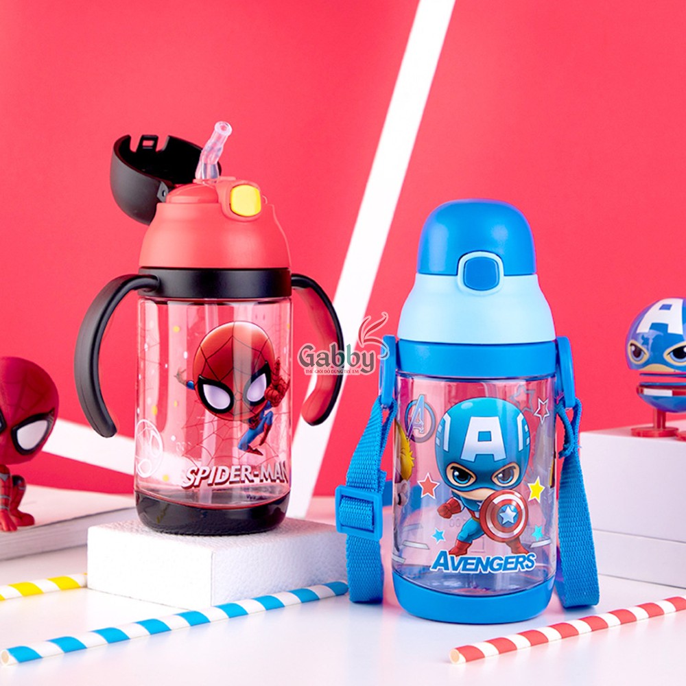 BÌNH NƯỚC DÂY ĐEO THAY QUAI 430ML (Hình Captain/ Spider man /Mickey/ Minnie/ McQueen/ Elsa/ Pooh)