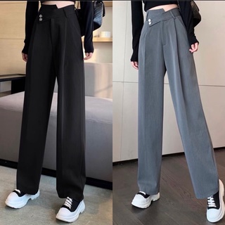 Quần ống rộng lưng cao nút lệch