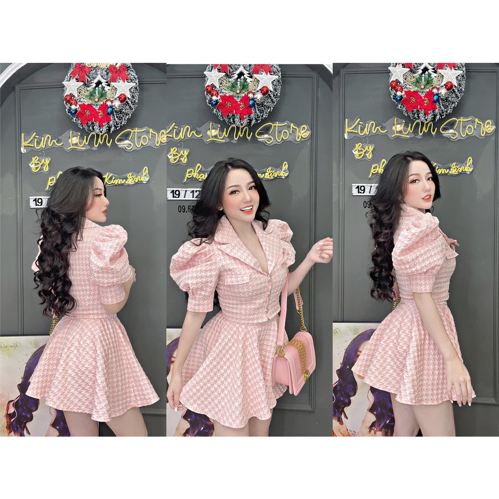 Set Áo croptop cổ vest tay dài kết hợp chân váy kiểu xếp li caro đỏ vàng trắng và hồng thời thượng sang trọng | BigBuy360 - bigbuy360.vn