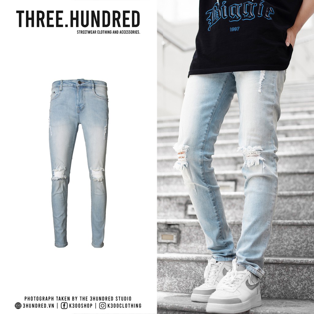 Quần Skinny Jeans Nam-Màu Xanh Nhạt-Rách Ngang Gối-Chất Liệu Cotton Co Giãn-Ống Đứng Dáng-Ống Ôm Chân Chuẩn Skinny