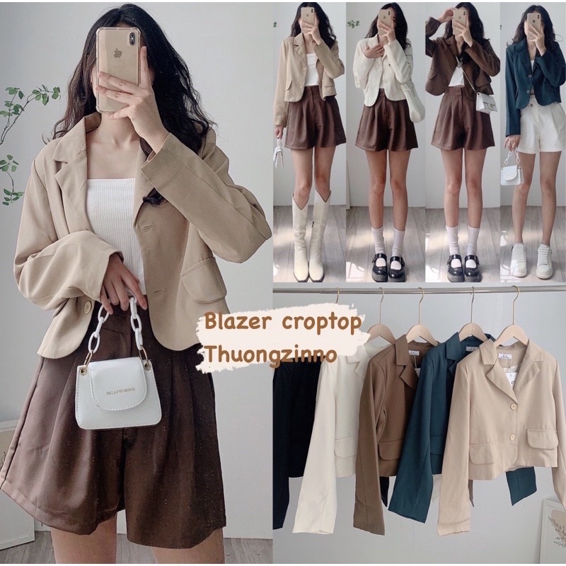 Áo blazer dài tay croptop có đệm vai