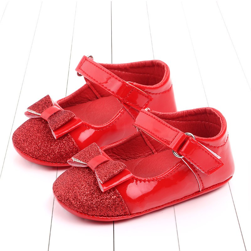 Giày búp bê nơ màu đỏ đế cao su chống trượt cho bé(6-12tháng)