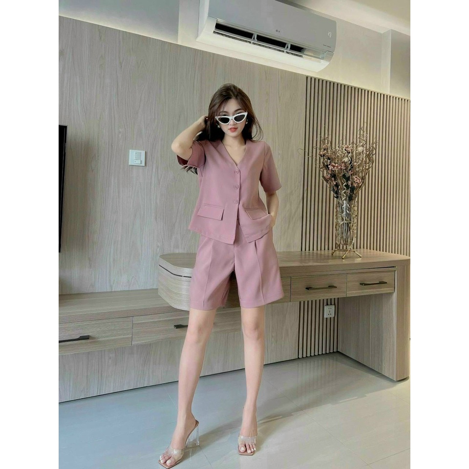 Sét Bộ Nữ Thời Trang Mặc Đi Chơi, Sét Bộ Lững Chất Đũi Áo Cổ V Có Túi Hộp Giả Mix Quần Suông Lững
