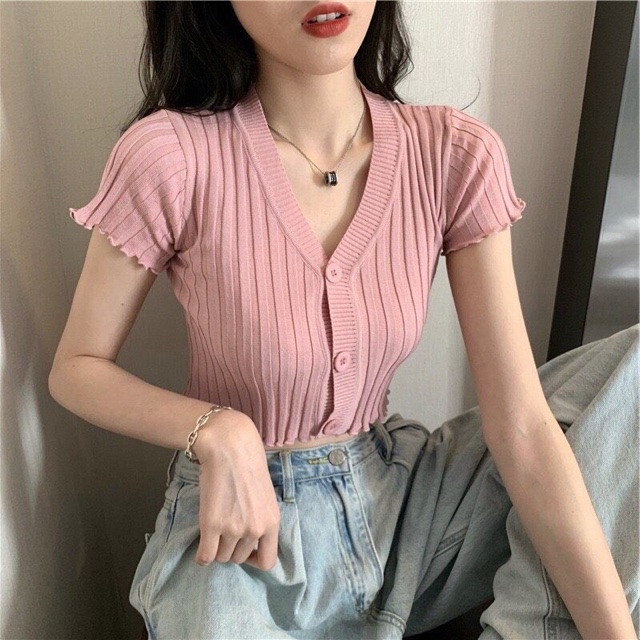 [Mã 11FASHIONSALE1 giảm 10K đơn 50K] Áo Len Ngắn Tay Cổ V Hàn Quốc Croptop Sang Chảnh Sexy Áo Dệt Kim K3C6 | BigBuy360 - bigbuy360.vn