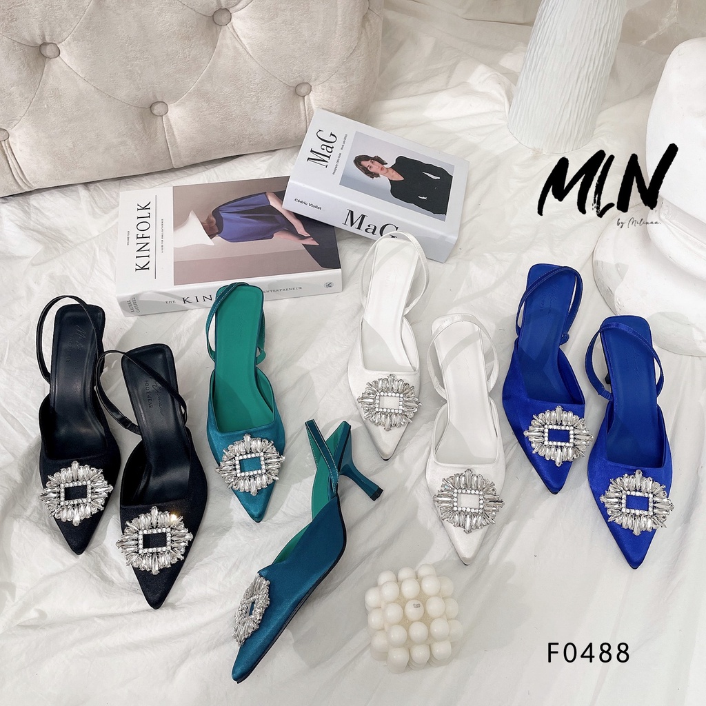 GIÀY CAO GÓT NỮ SLINGBACK GÓT NHỌN 5P BÍT MŨI SATIN PHỐI KHÓA ĐÁ TỦA F0488