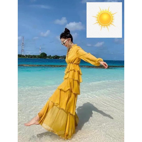 Đầm maxi vàng xoè nhún tầng du lịch vintage, váy dạ hội đi tiệc prom sống ảo style thổ cẩm boho