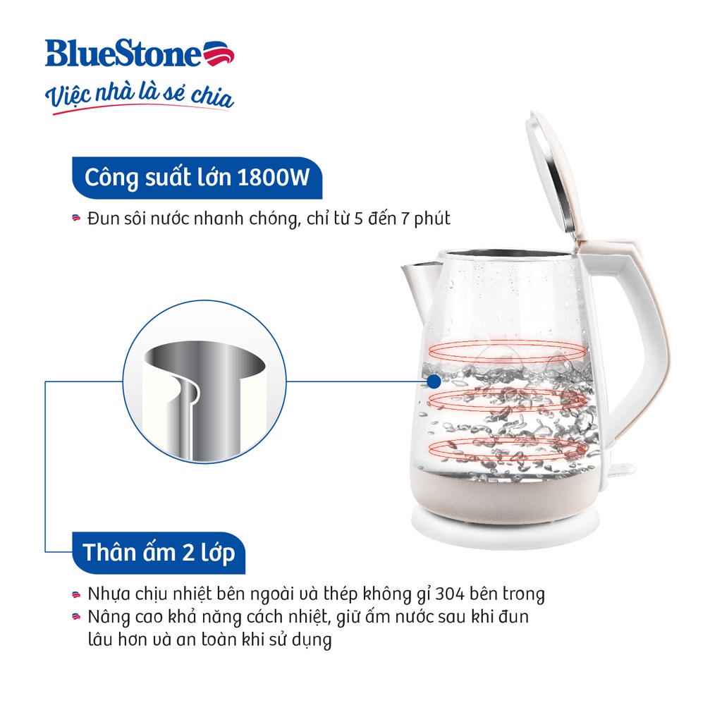 [Mã ELHAMS5 giảm 6% đơn 300K] Ấm Đun Siêu Tốc BlueStone KTB-3351 , 1.5 lít - 1800W , Bảo Hành Chính Hãng 2 Năm