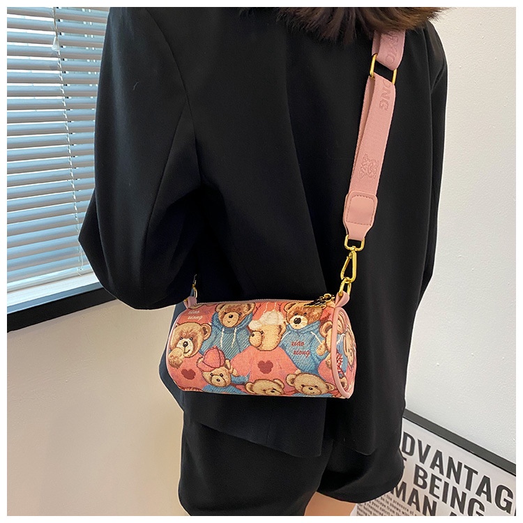 Túi Đeo Chéo Mini Hình Trụ In Họa Tiết Chú Gấu Dễ Thương Thời Trang Cho Nữ
