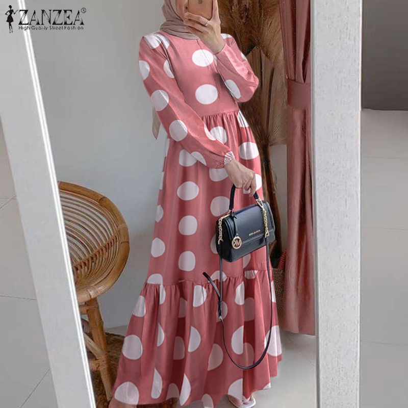 Zanzea Đầm Tay Dài Xếp Tầng Họa Tiết Chấm Bi Phong Cách Retro Thanh Lịch Dành Cho Phụ Nữ Hồi Giáo