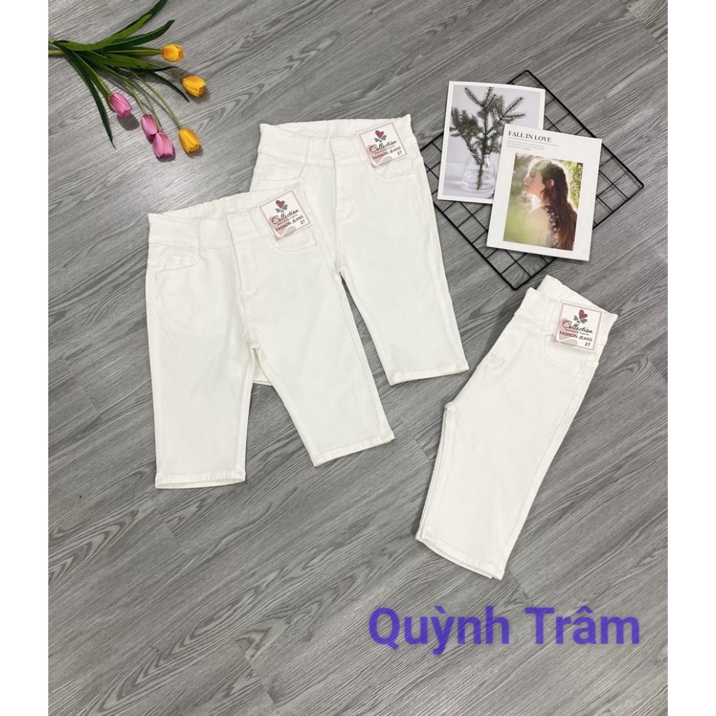 Quần jean ngố nữ lưng cao co giãn mẫu trơn màu trắng 2 nút
