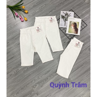 Quần jean ngố nữ lưng cao co giãn mẫu trơn màu trắng 2 nút