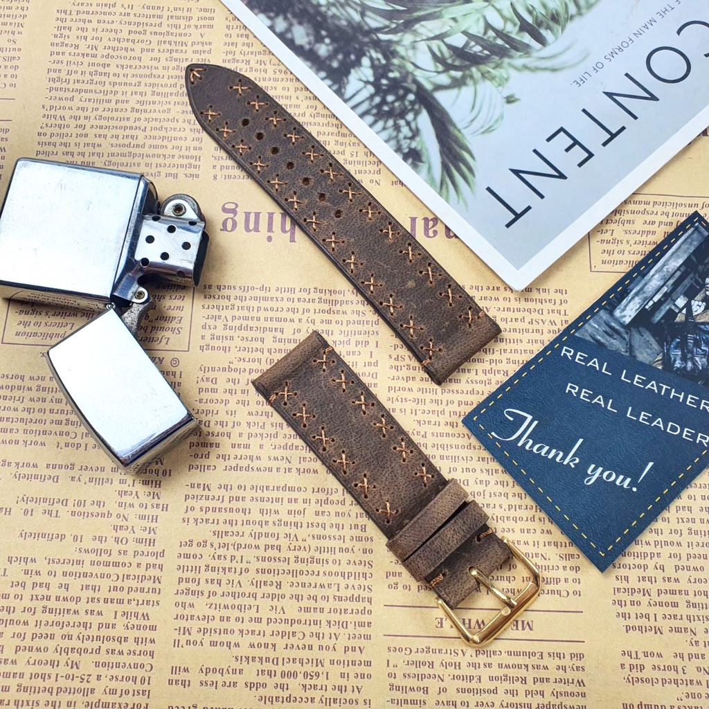 Dây đồng hồ thủ công da bò sáp AL117VB   Size 20/Size 22 - 100% da bò thật, BH 3 năm