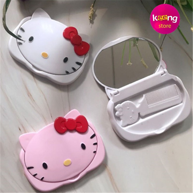Gương trang điểm cầm tay Hello kitty kèm lược dễ thương siêu cute đáng yêu bỏ túi tiện dụng