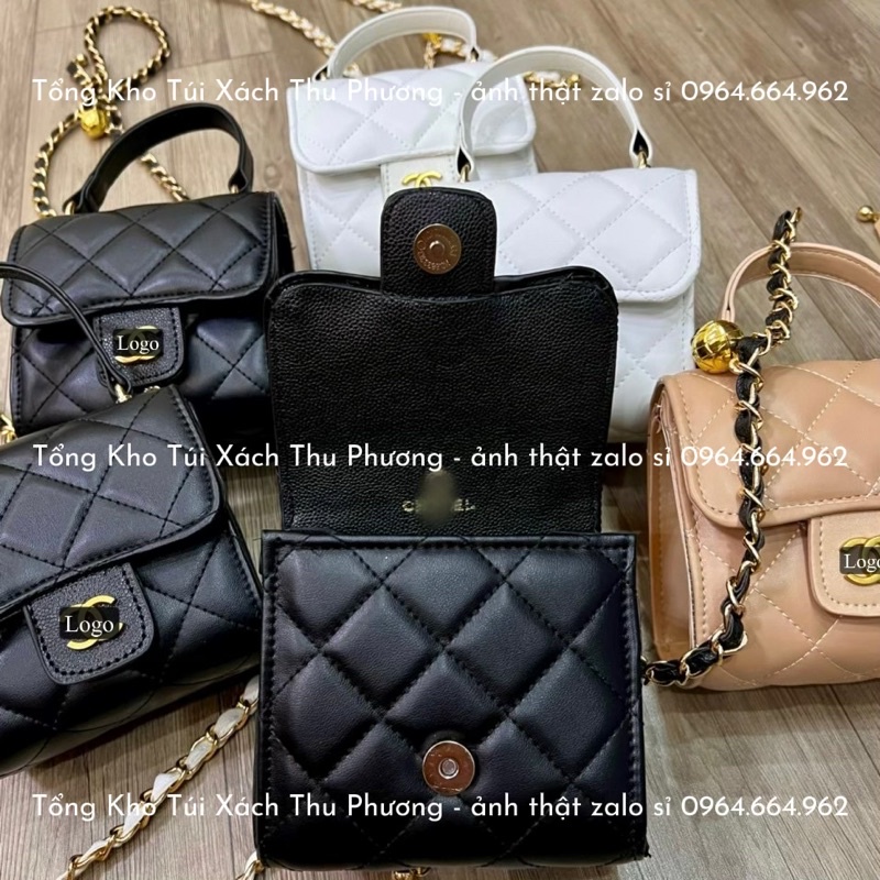 Túi đeo chéo mini trần ô đính logo vàng nổi có quai xách siêu xinh (ảnh thật shop chụp)