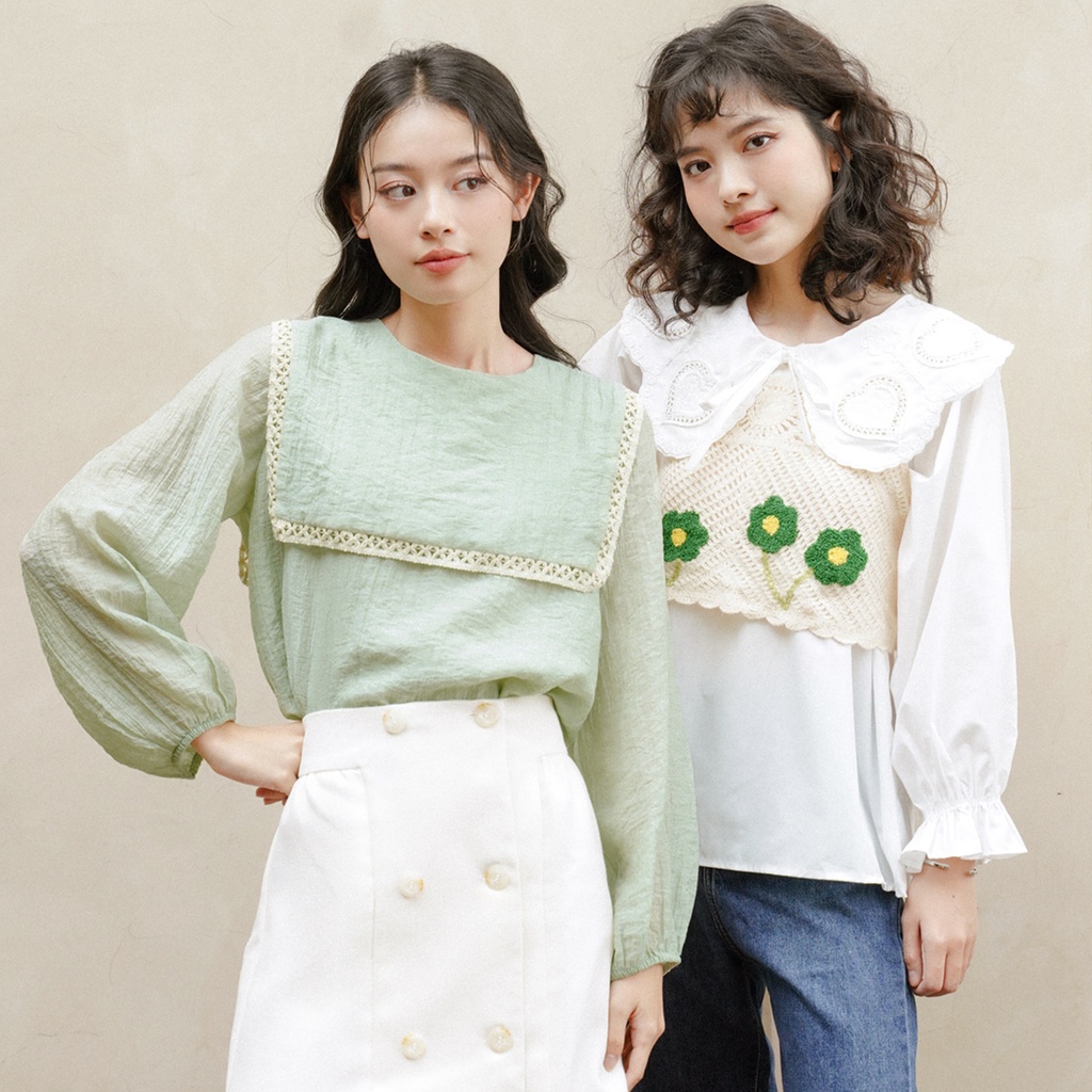 BLEUBIRD Áo lụa cổ thuỷ thủ viền ren Maeve Top