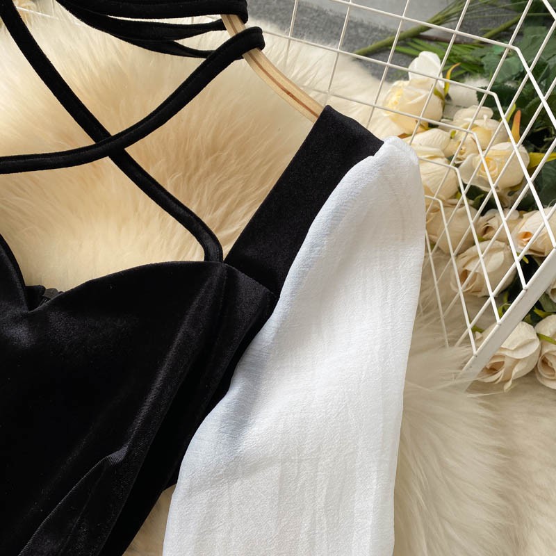 Váy Nhung Dự Tiệc Phối Tay Dây Đai Cổ Hàng Thiết Kế Tôn Dáng Sang Trọng | BigBuy360 - bigbuy360.vn