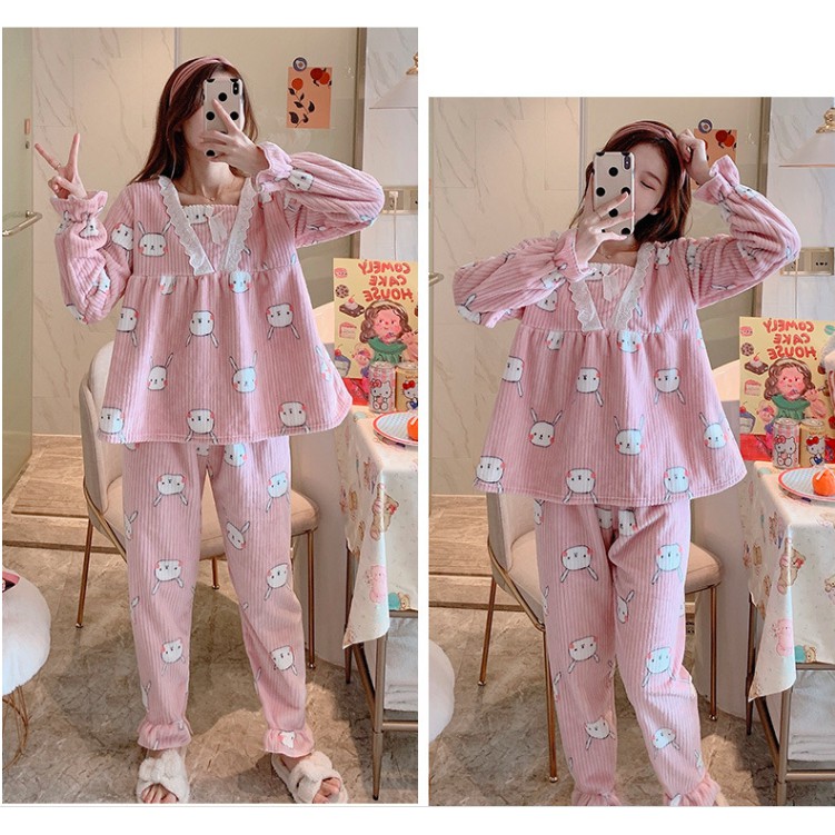 Đồ Bộ Pijama 🌸 Bộ Ngủ Thu Đông Nữ Chất Liệu Nhung Tăm Tay Dài MSP446 | BigBuy360 - bigbuy360.vn