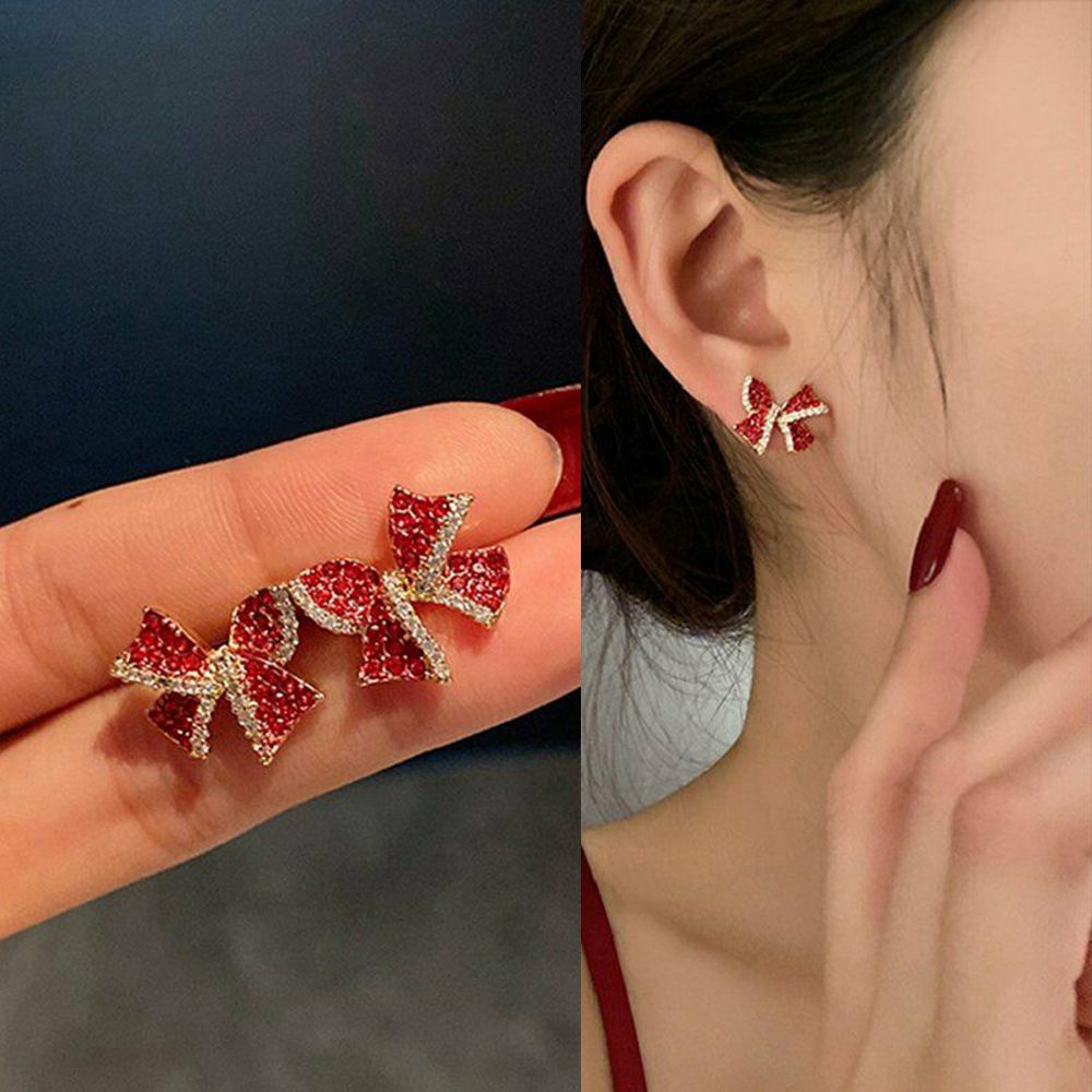 Khuyên tai dạng vòng lủng lẳng mặt hình nơ đính đá zircon đỏ thời trang cho nữ