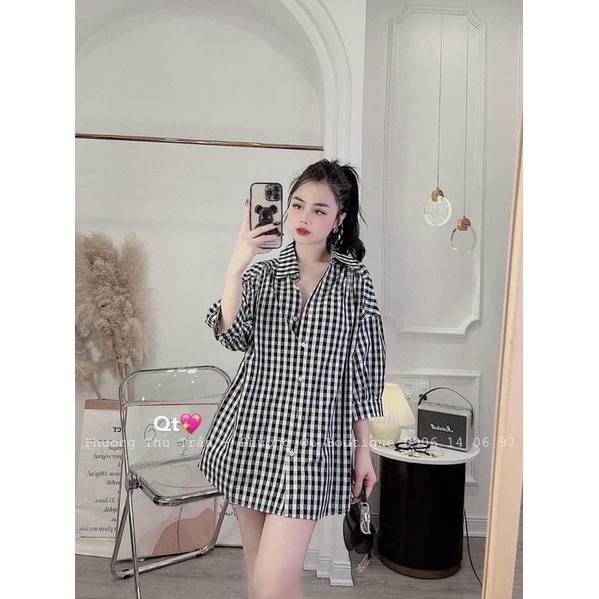 Áo sơmi sọc caro nút trước và sau, xẻ lưng