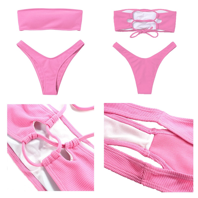 Bộ Đồ Bơi Bikini Màu Hồng Hở Lưng Có Gân Điều Chỉnh Được Quyến Rũ Cho Nữ