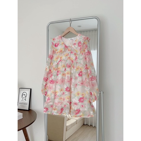 Đầm - Váy babydoll voan 2 lớp dáng ngắn dài tay cổ bèo hoạ tiết hoa cỏ ngọt ngào