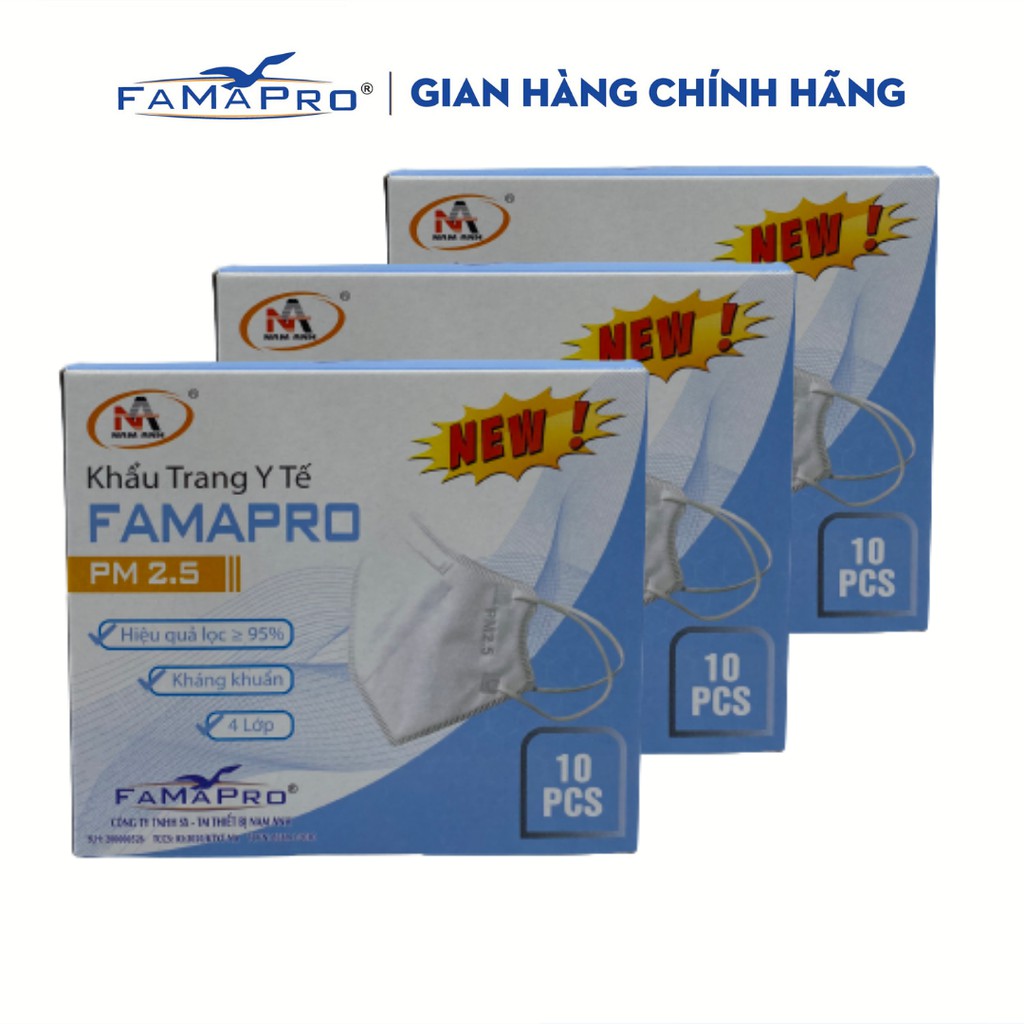 Combo 3 hộp khẩu trang y tế 4 lớp kháng khuẩn Famapro PM2.5 màu trắng (10 cái / hộp)