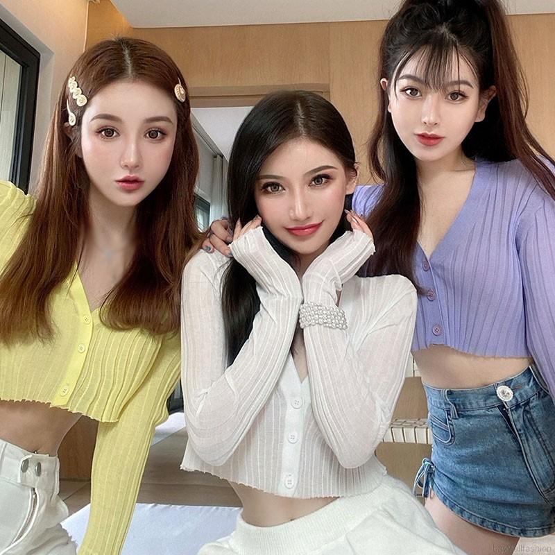 [Baywellfashion]Áo croptop Áo Khoác Cardigan /Dệt Kim Tay Dài Cổ Chữ V Chống Nắng Cho Nữ Cardigan dệt kim cổ chữ V tay dài dành cho nữ