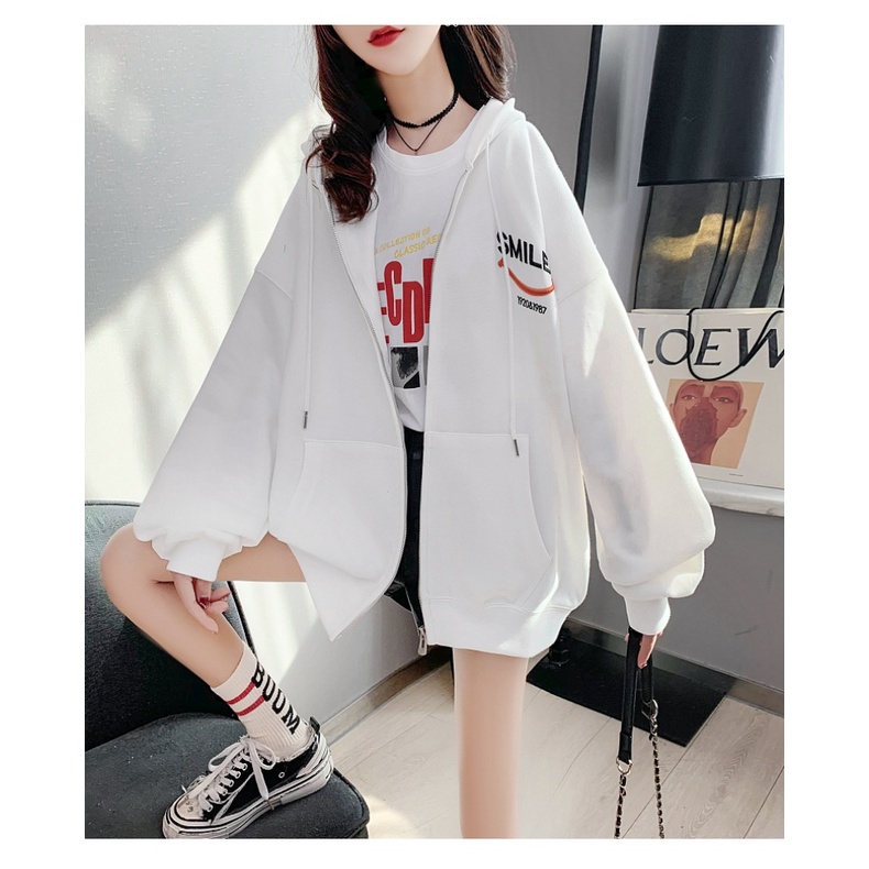 ZHELIHANGFEI Áo Hoodie Tay Dài Dáng Rộng Có Khóa Kéo Theo Phong Cách Preppy Dễ Phối Đồ