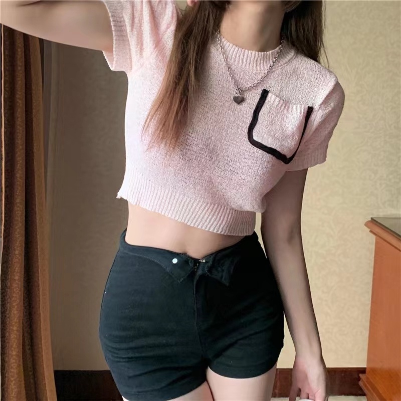 【ZHELIHANGFEI】Áo Dệt Kim Tay Ngắn Cổ Tròn Dễ Phối Đồ Hợp Thời Trang