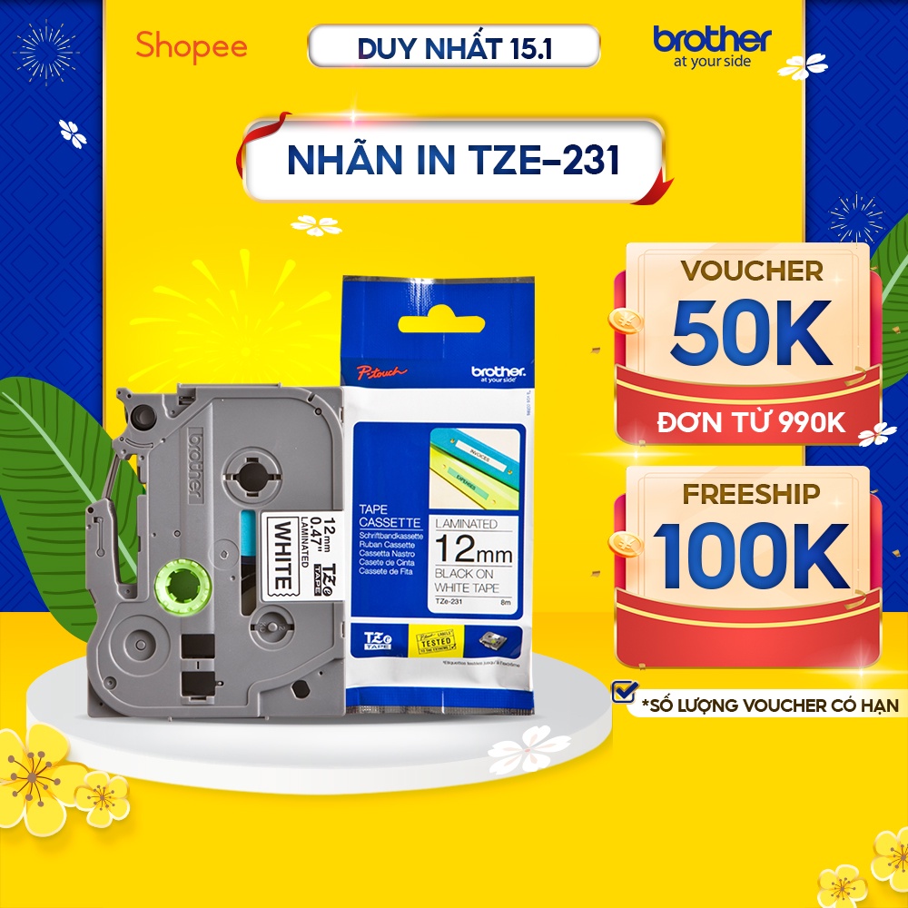 Nhãn in Brother TZe-231 chữ đen trên nền trắng (12mm)