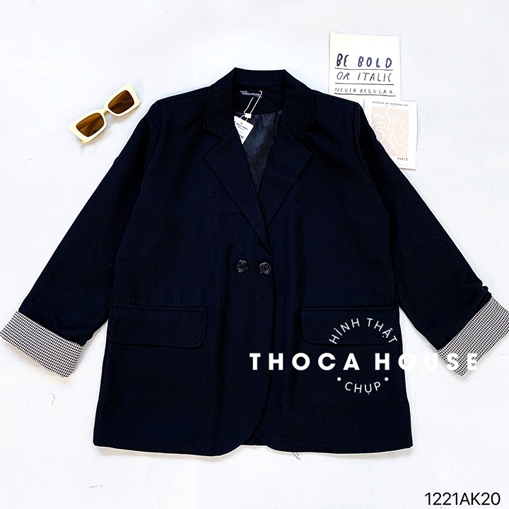 Áo blazer khoác vest 2 lớp dày dặn trơn kiểu tay áo caro THOCA HOUSE đen, nude thanh lịch