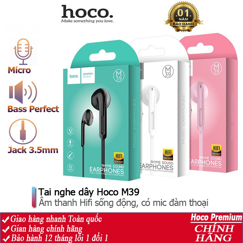 Tai nghe nhét tai Hoco M39 nghe hay có mic đàm thoại, dây dài 1.2m, Jack cắm 3.5mm - Chính hãng