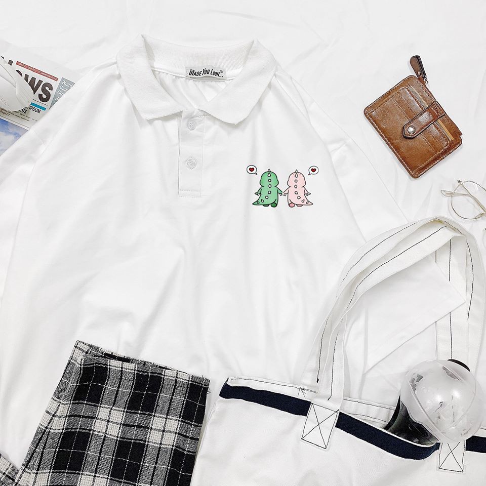 [FREESHIP] Áo Thun POLO Tay Lỡ 💖 Form Rộng Unisex Nam Nữ 💖 Phong Cách Ulzzang Hàn Quốc In Khủng Long Cute | BigBuy360 - bigbuy360.vn