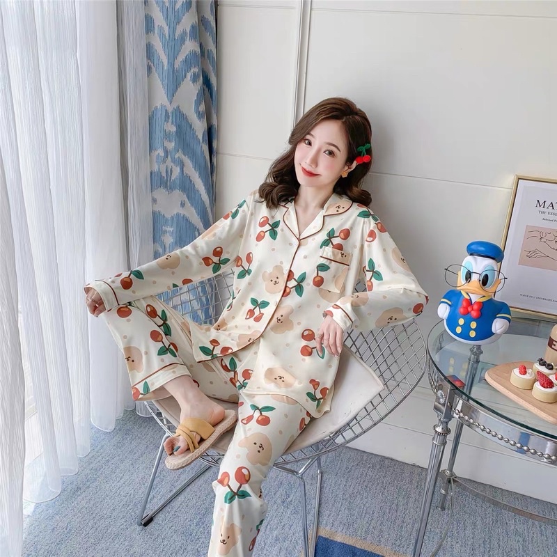 Bộ Ngủ Pijama Dài Tay Gấu Mix Cherry Nữ Form Rộng