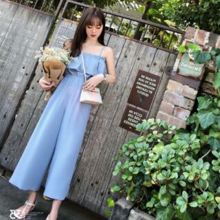 Jumpsuit hai dây ống rộng màu xanh, jumpsuit dài ống rộng, jumpsuit nữ ống rộng